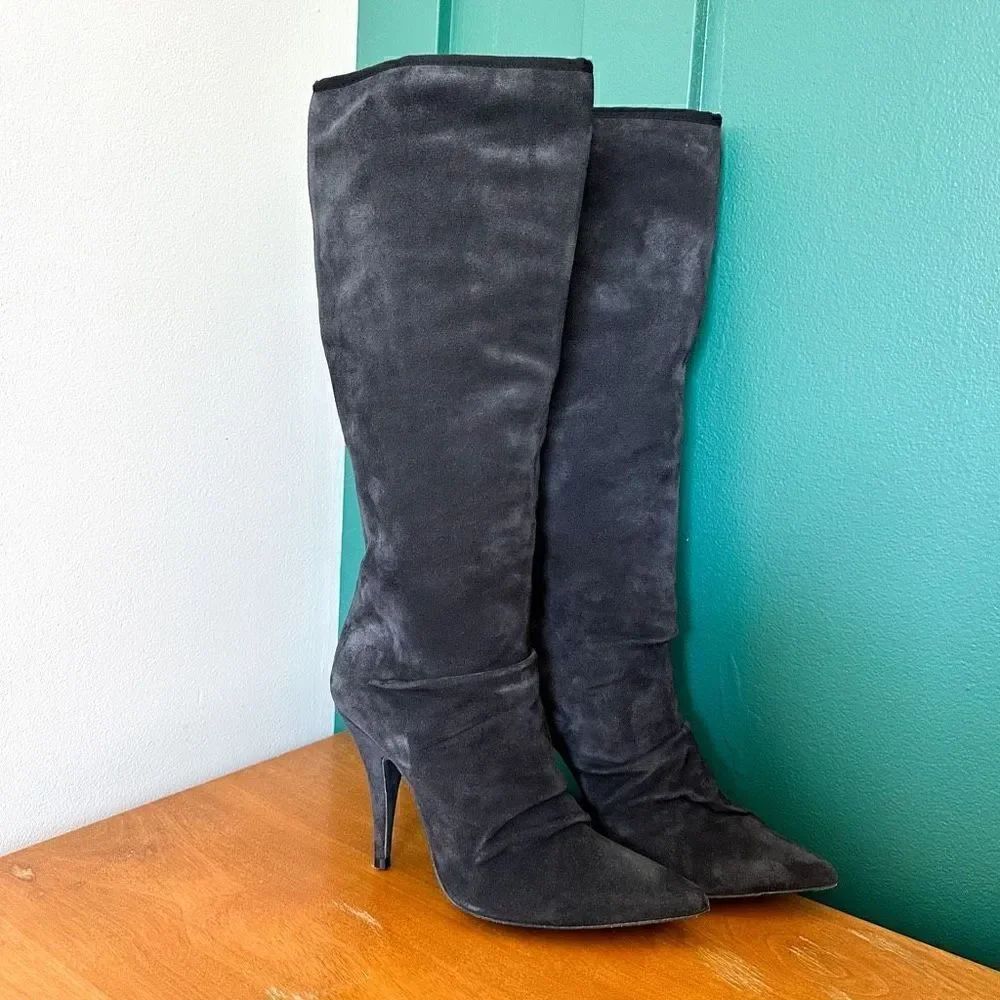 Pedro Garcia Women’s Elayne Charcoal Suede Leather Pull-on Point Toe Heeled Boot